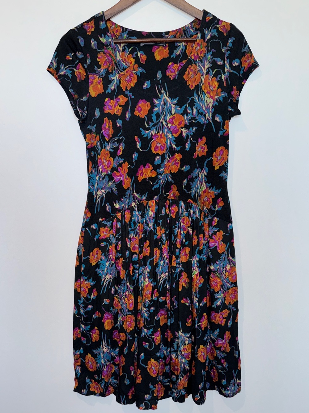 Peruvian Connection Le Midi Dress Black Multicolor Fit Flare Short Sleeve Small